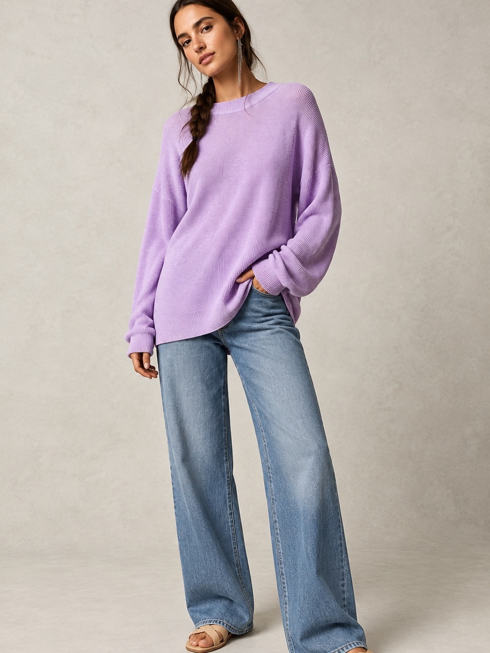 FREE PEOPLE Beach Malibu Sweater Women's Large Lavender Lilac Knit Oversized GG